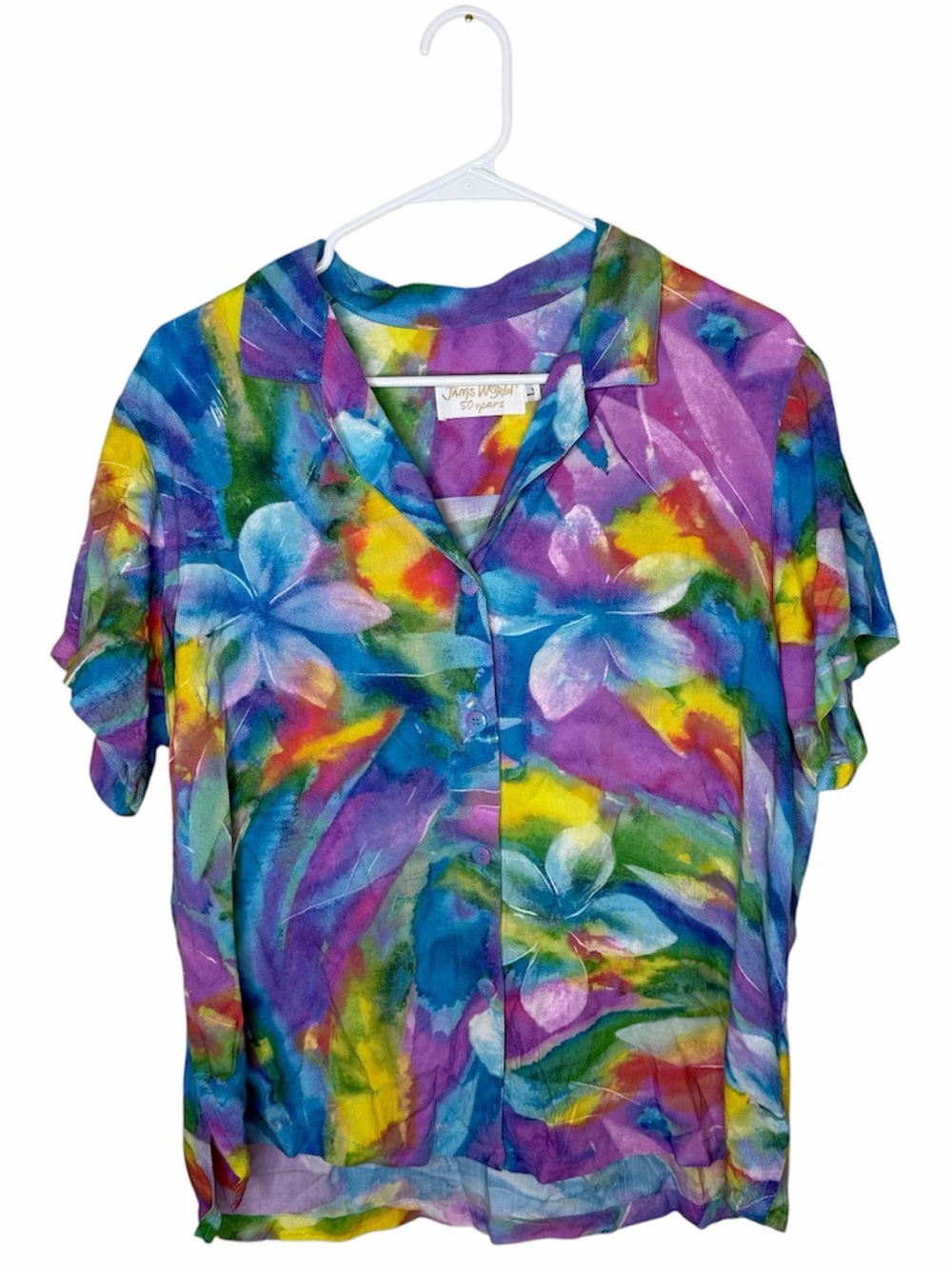 Jams World Print Top Tiare Women’s Size Large Button Up Colorful Floral Rayon